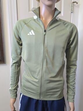 ADIDAS BRAND MEN'S GREEN AND WHITE SIGNATURE ZIPPERED JACKET SIZE SMALL